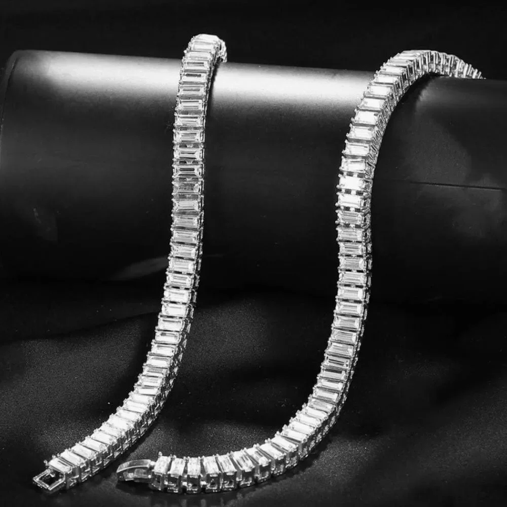 Iced Out Baguette Tennis Chain 14K White Gold Silver Simulated Diamonds Hip Hop